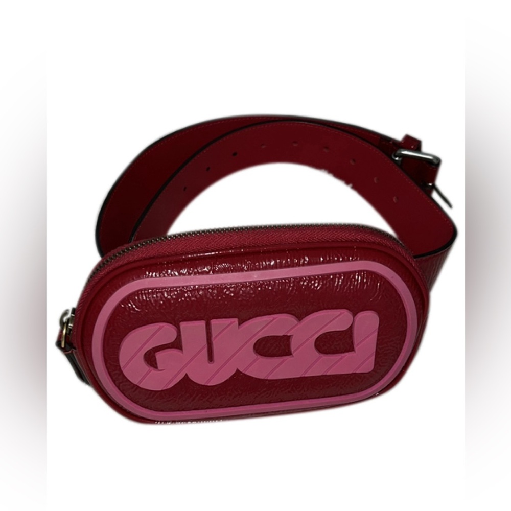 GUCCI Patent Leather & Rubber Logo Belt Bag with Game Patch in Hibiscus Red